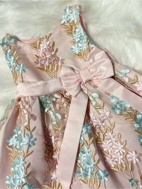 Rare Editions Pink Floral Embroidered Dress with Satin Bow